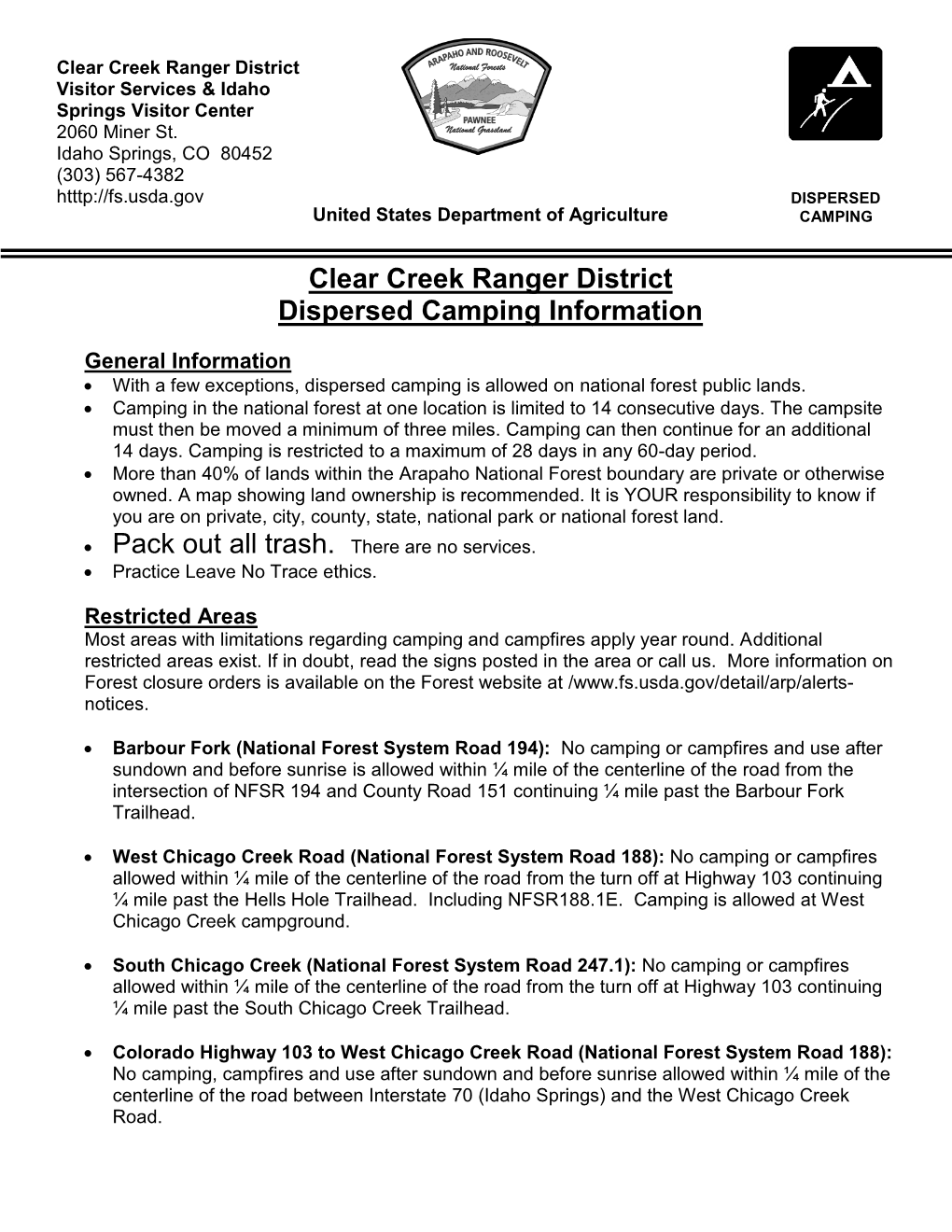 Clear Creek Ranger District Dispersed Camping Information