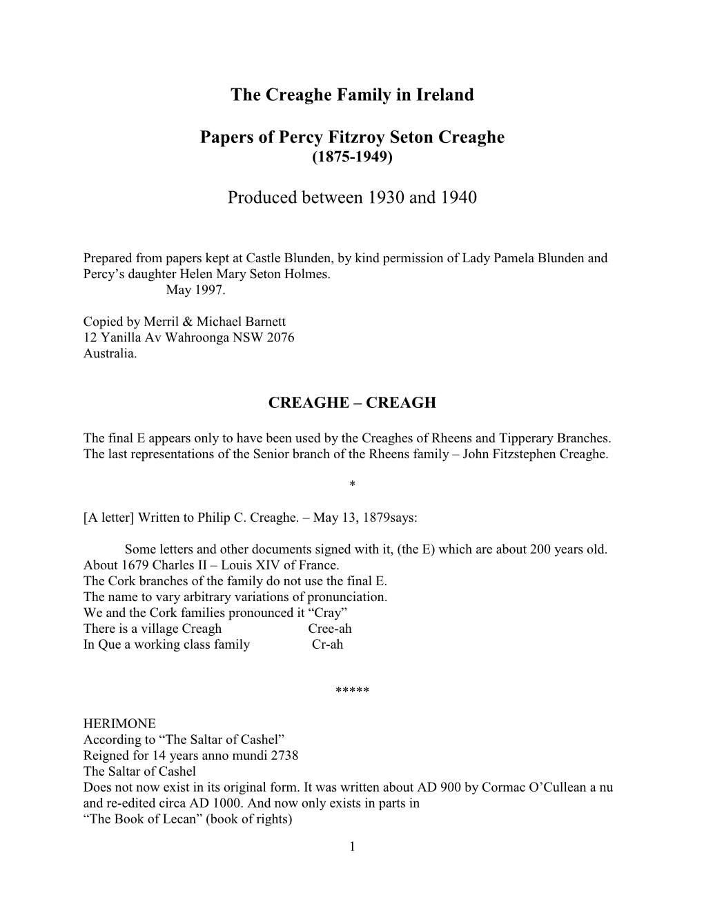 The Creaghe Family in Ireland Papers of Percy Fitzroy Seton Creaghe Produced Between 1930 and 1940