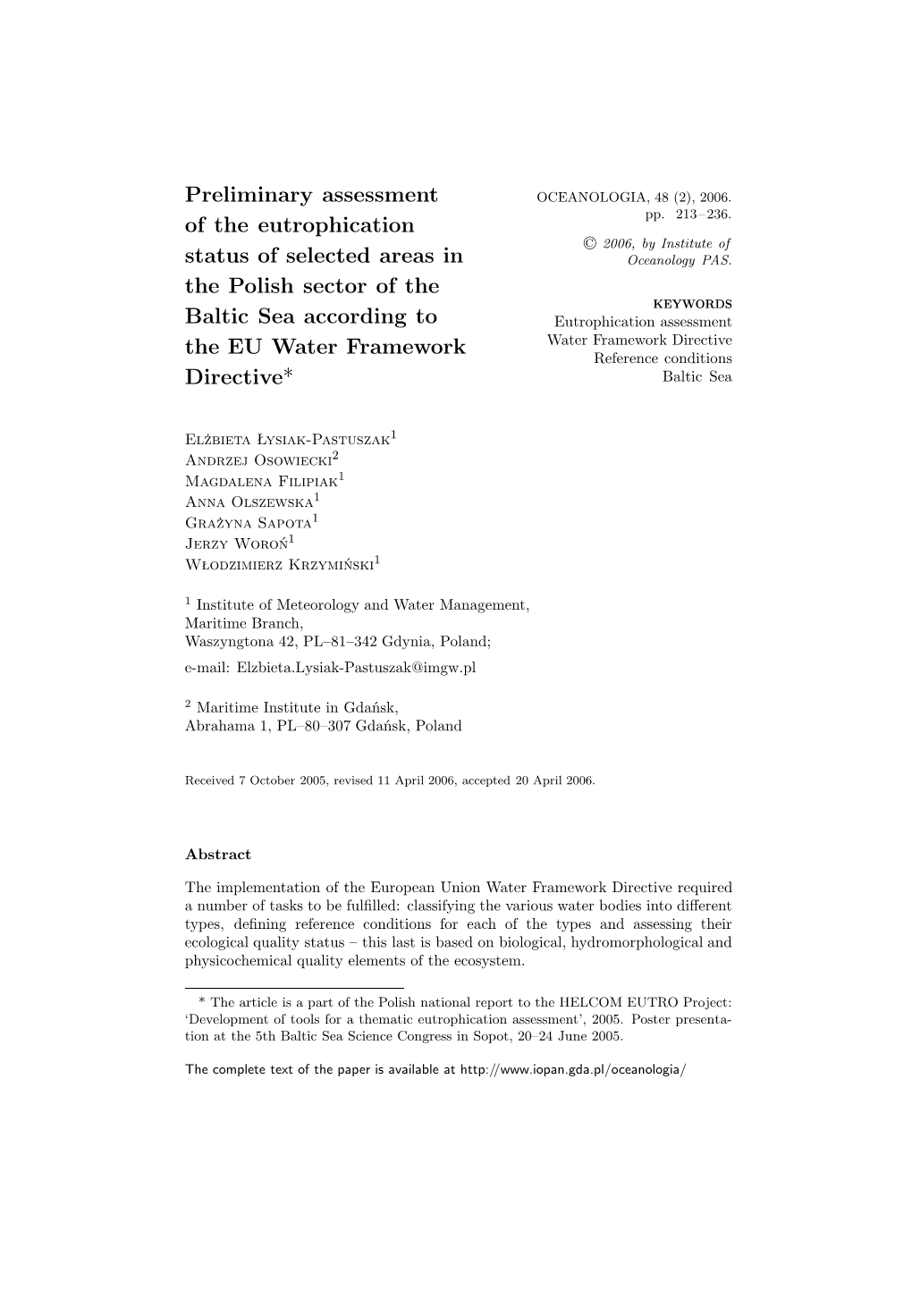 Preliminary Assessment of the Eutrophication Status of Selected Areas