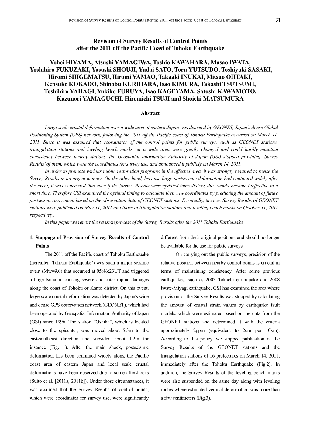 Revision of Survey Results of Control Points After the 2011 Off the Pacific Coast of Tohoku Earthquake 31