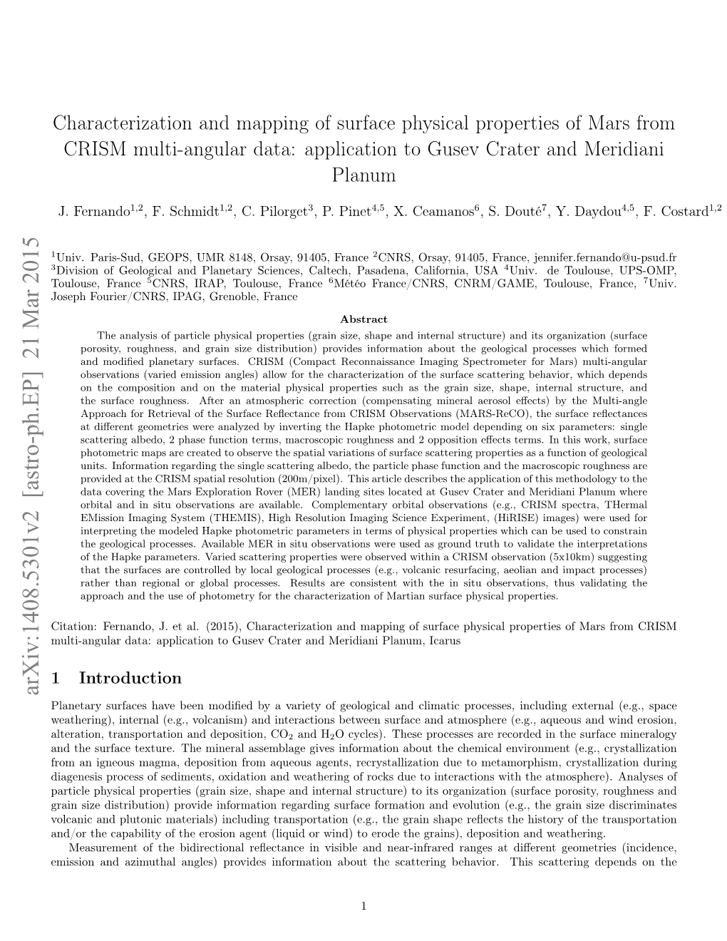 Characterization and Mapping of Surface Physical Properties of Mars from CRISM Multi-Angular Data: Application to Gusev Crater and Meridiani Planum