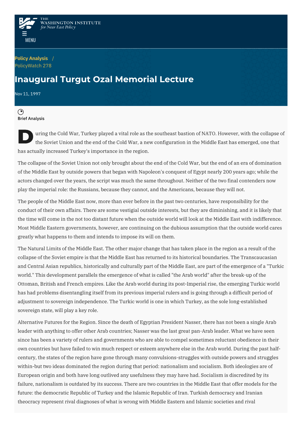 Inaugural Turgut Ozal Memorial Lecture | the Washington Institute