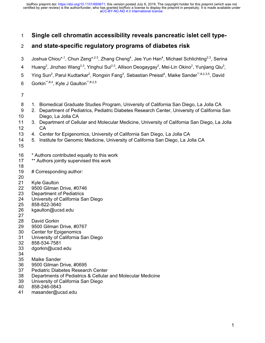 Single Cell Chromatin Accessibility Reveals Pancreatic Islet Cell Type- and State-Specific Regulatory Programs of Diabetes Risk