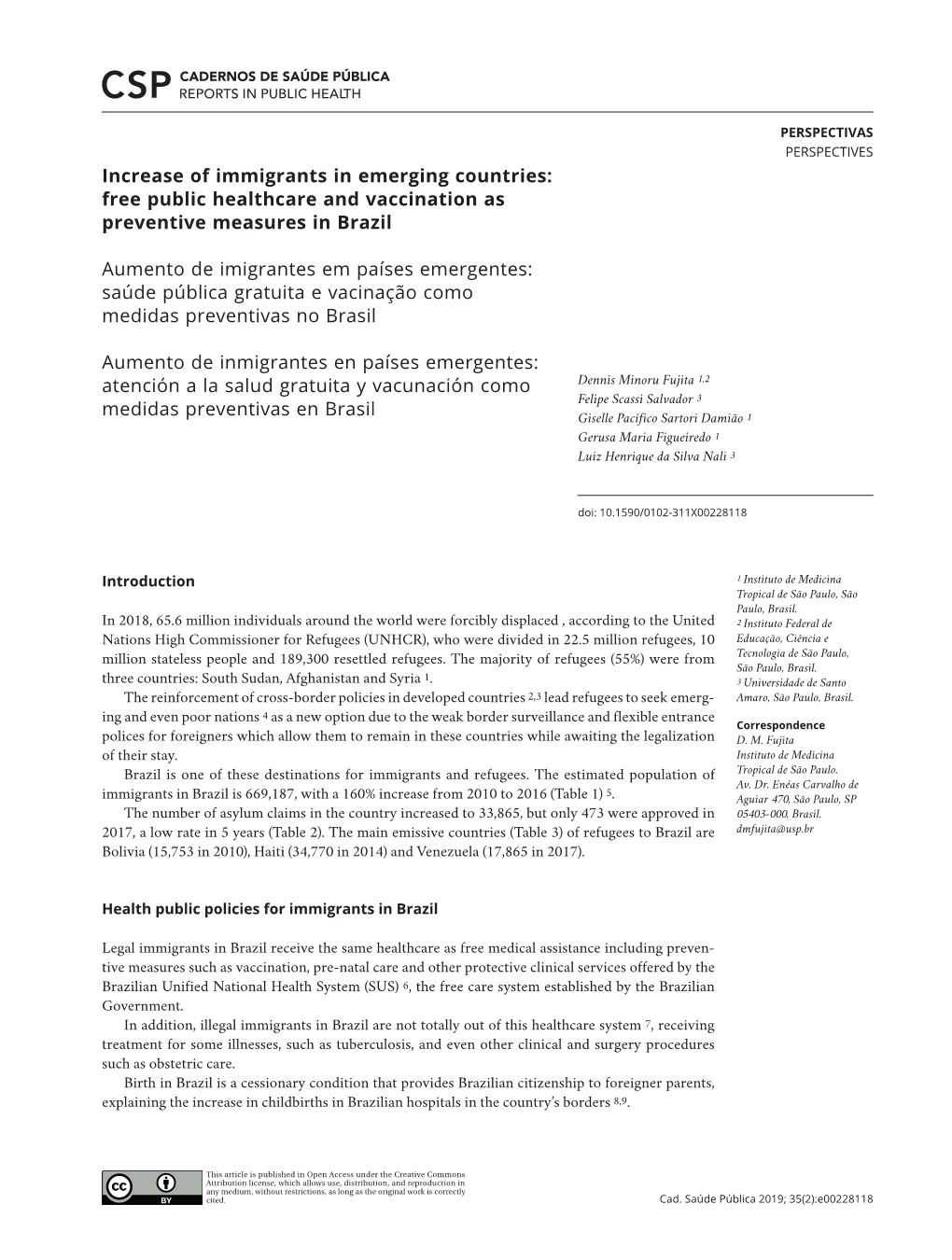 Increase of Immigrants in Emerging Countries: Free Public Healthcare and Vaccination As Preventive Measures in Brazil