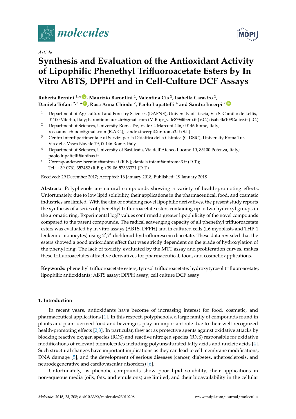 Synthesis and Evaluation of the Antioxidant Activity of Lipophilic Phenethyl Triﬂuoroacetate Esters by in Vitro ABTS, DPPH and in Cell-Culture DCF Assays