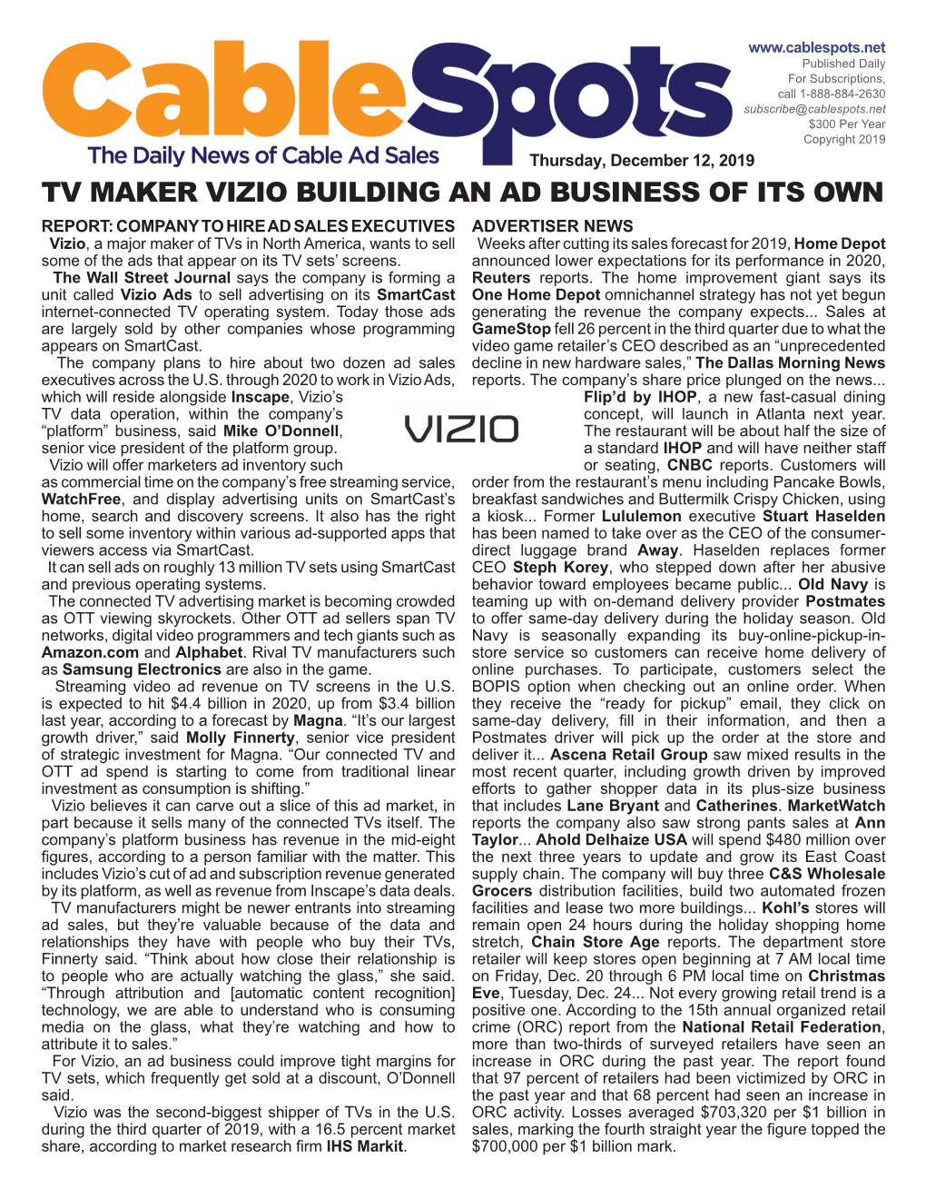 Tv Maker Vizio Building an Ad Business of Its