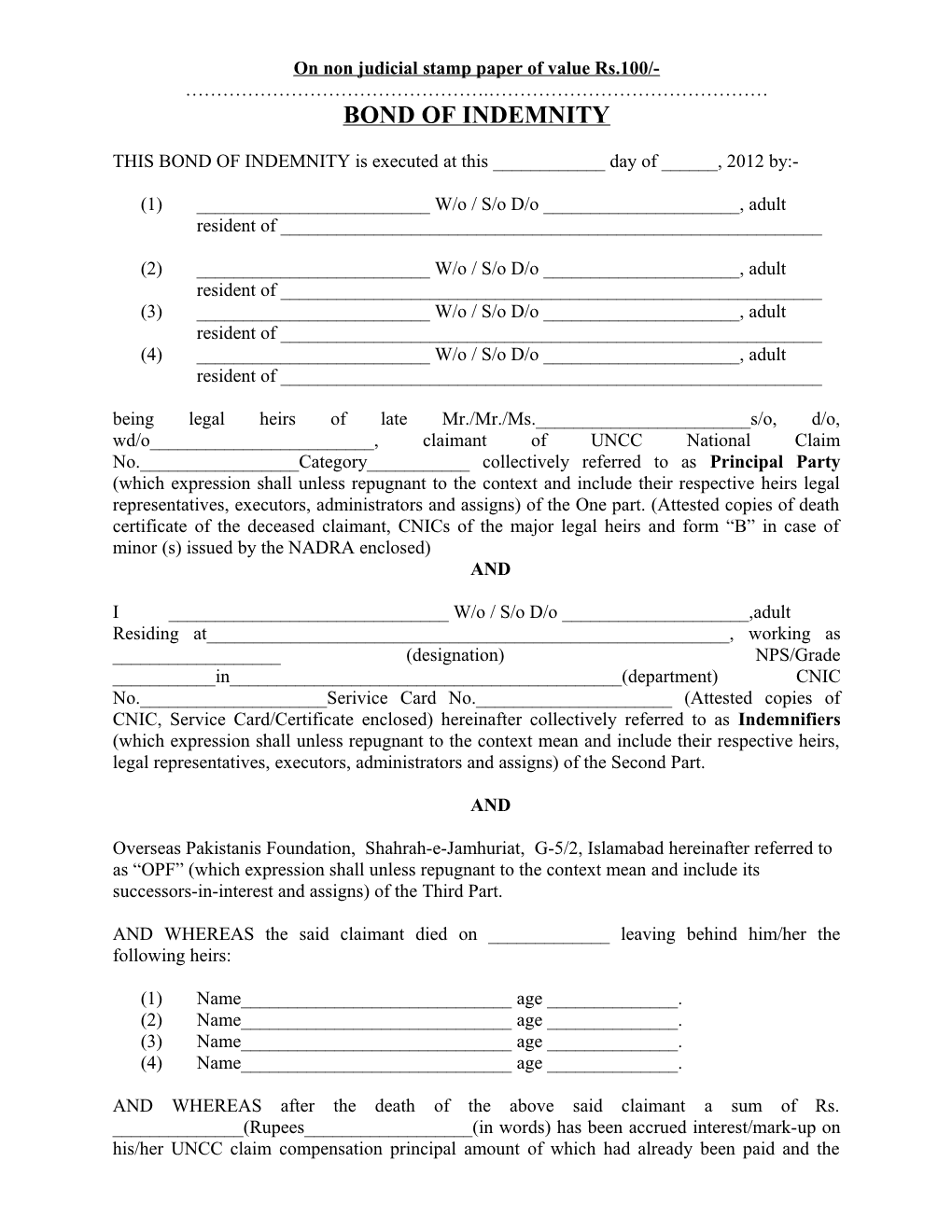 On Non Judicial Stamp Paper of Value Rs.100