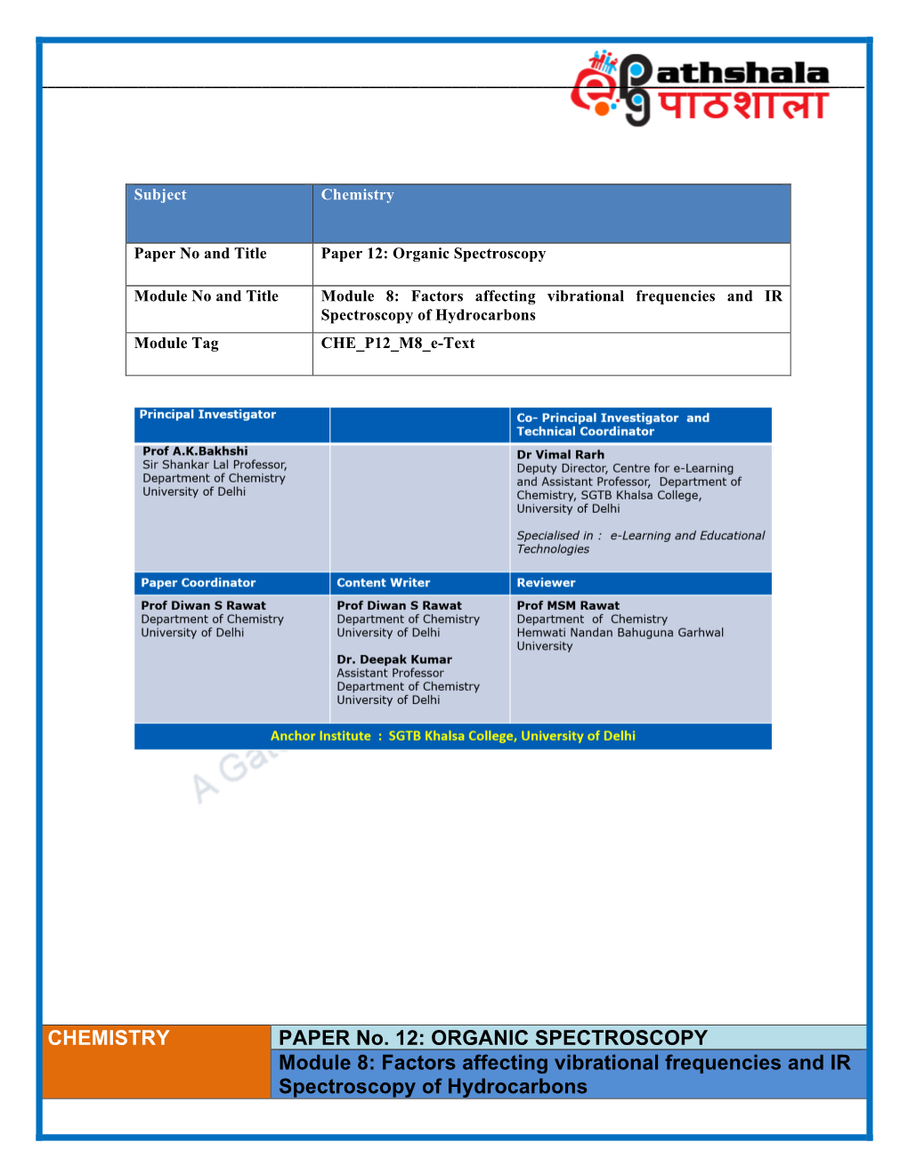 Factors Affecting Vibrational Frequencies and IR Spectroscopy of Hydrocarbons Module Tag CHE P12 M8 E-Text