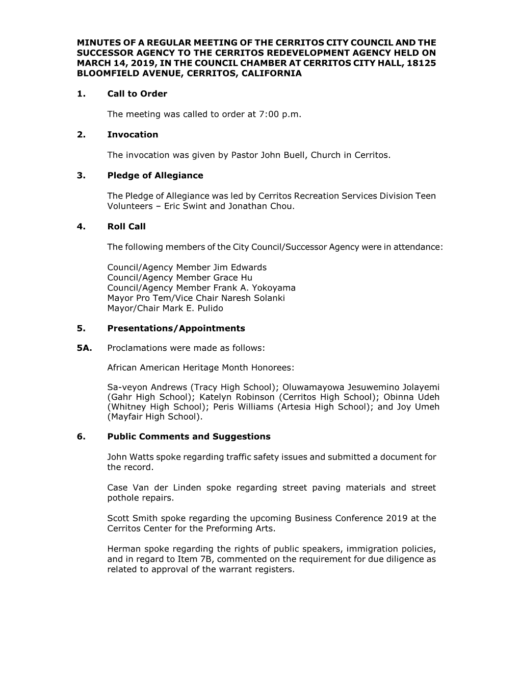 City of Cerritos March 14, 2019 City Council/Successor Agency Page 2 of 4