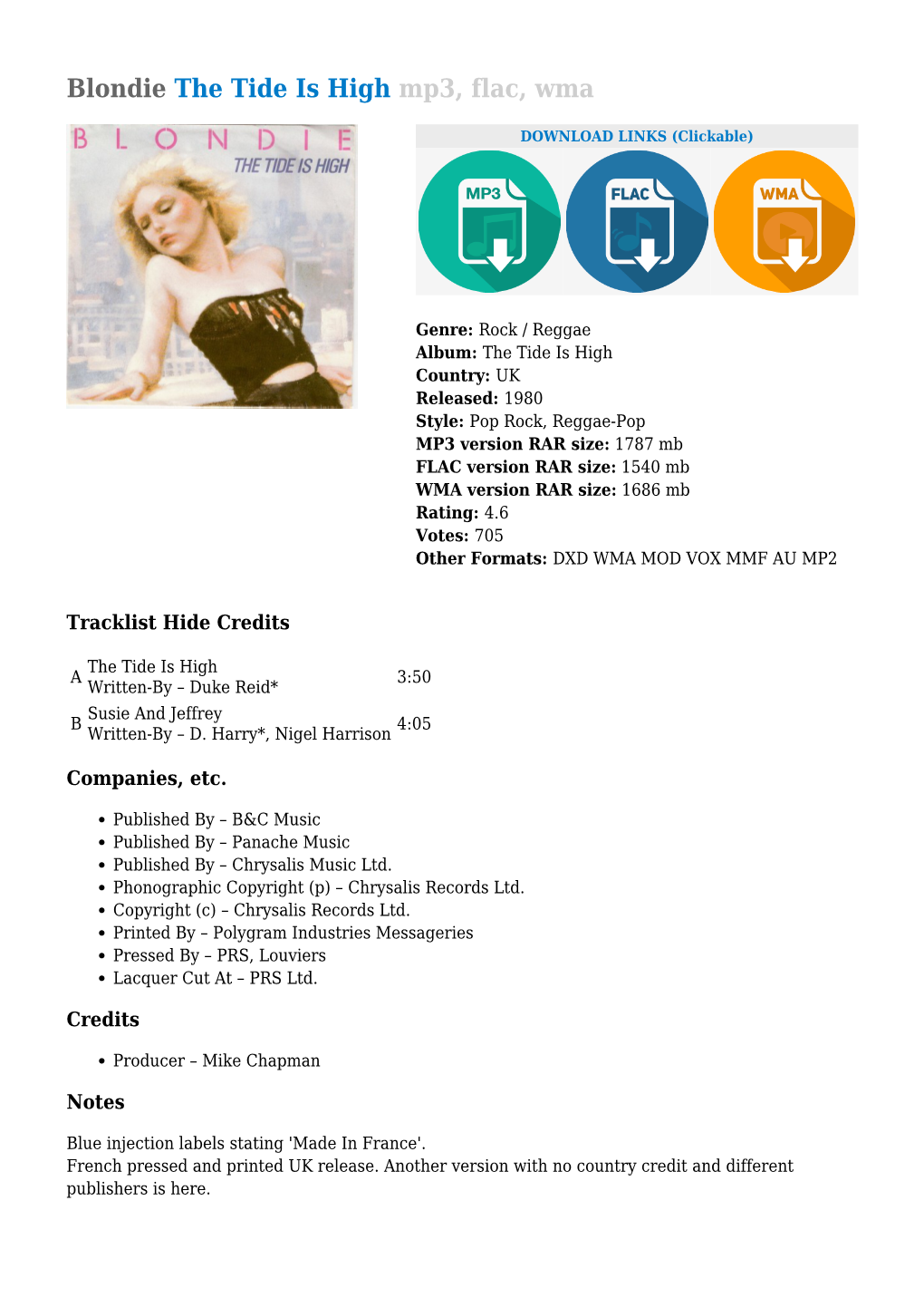 Blondie the Tide Is High Mp3, Flac, Wma