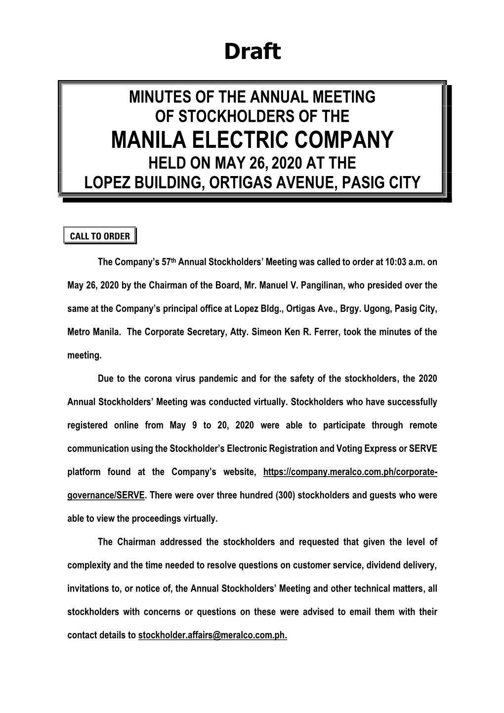 Manila Electric Company Held on May 26, 2020 at the Lopez Building, Ortigas Avenue, Pasig City