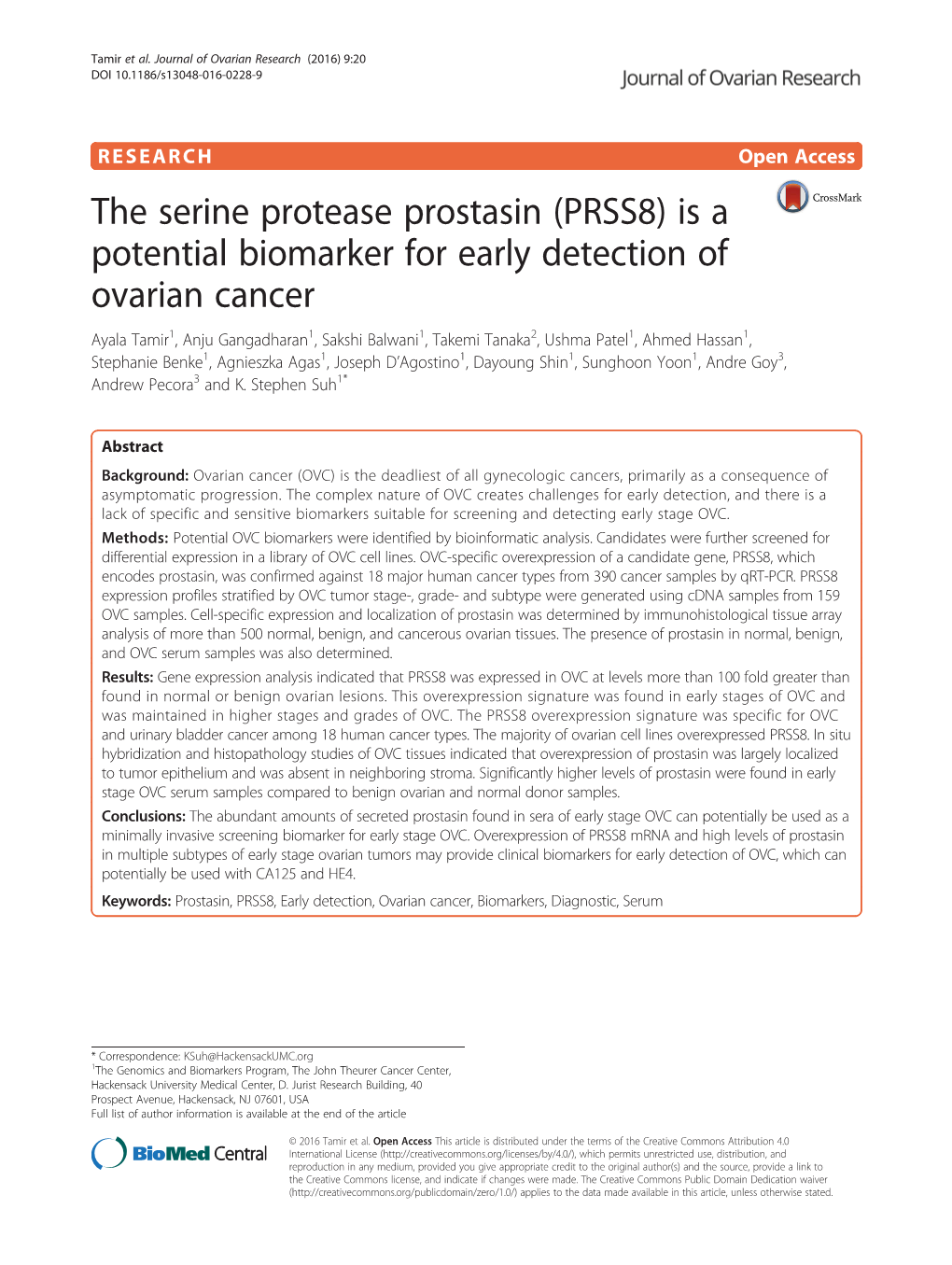 (PRSS8) Is a Potential Biomarker for Early Detection of Ovarian Cancer