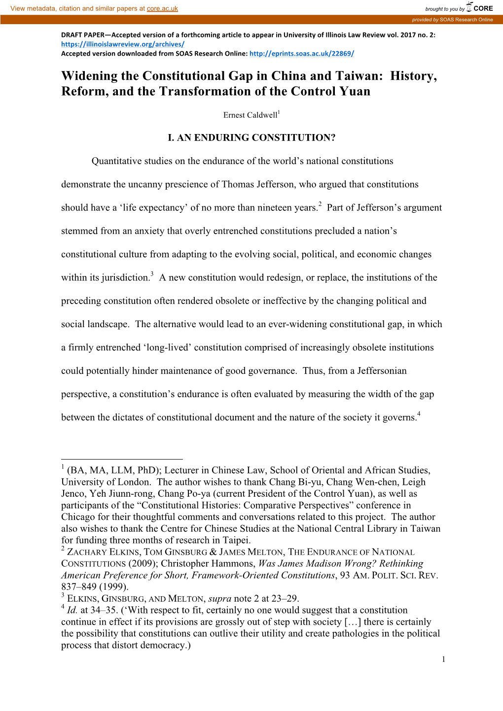 Widening the Constitutional Gap in China and Taiwan: History, Reform, and the Transformation of the Control Yuan