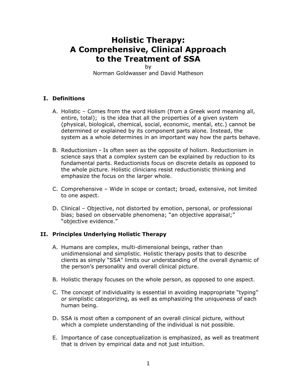 Holistic Therapy: a Comprehensive, Clinical Approach to the Treatment of SSA by Norman Goldwasser and David Matheson