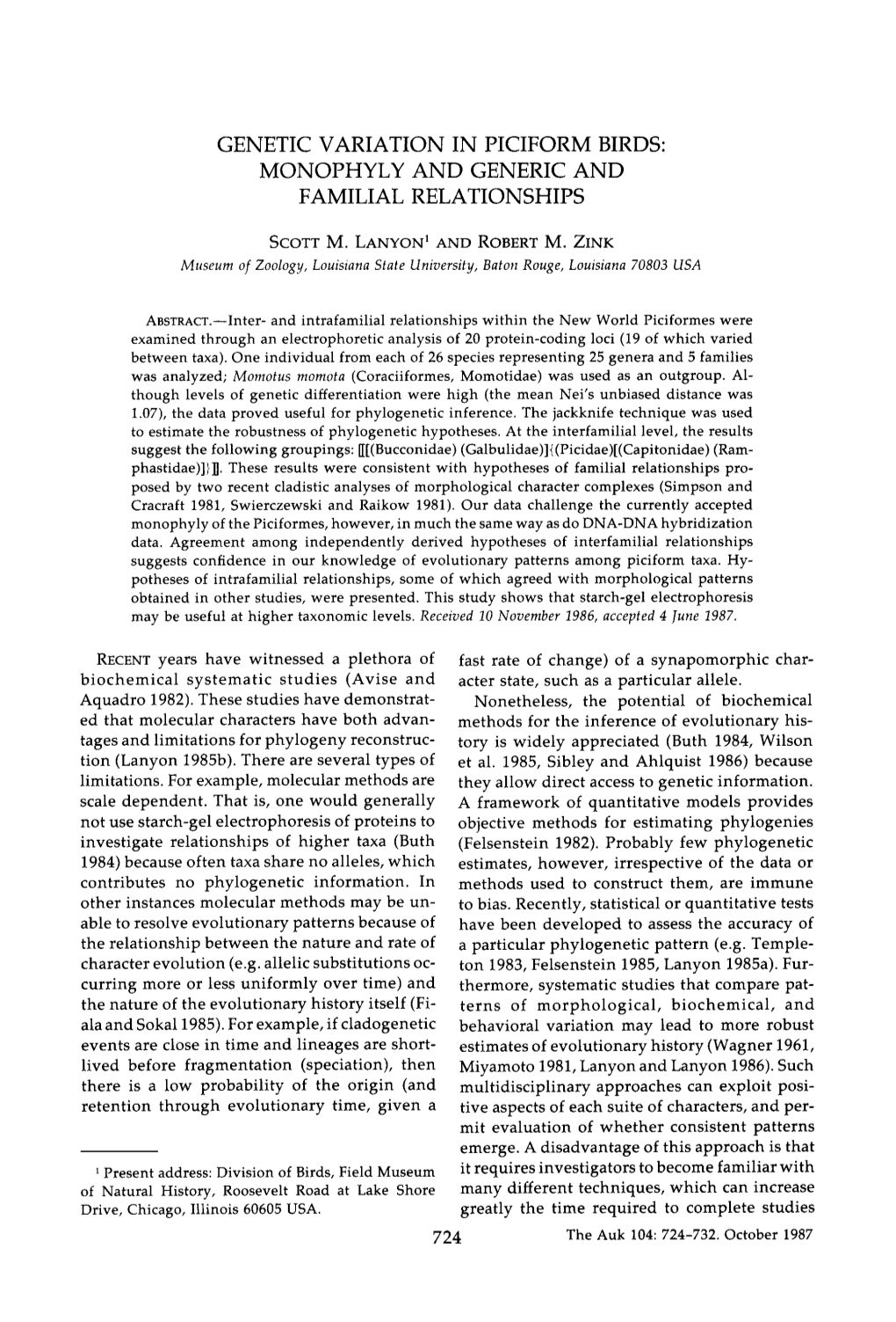 Genetic Variation in Piciform Birds: Monophyly and Generic and Familial Relationships