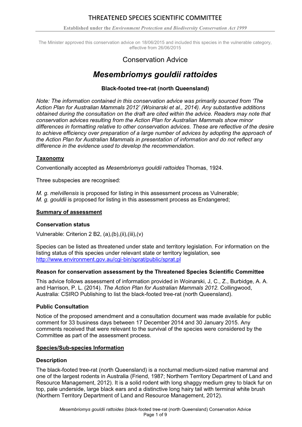 Conservation Advice Mesembriomys Gouldii Rattoides Black-Footed Tree-Rat