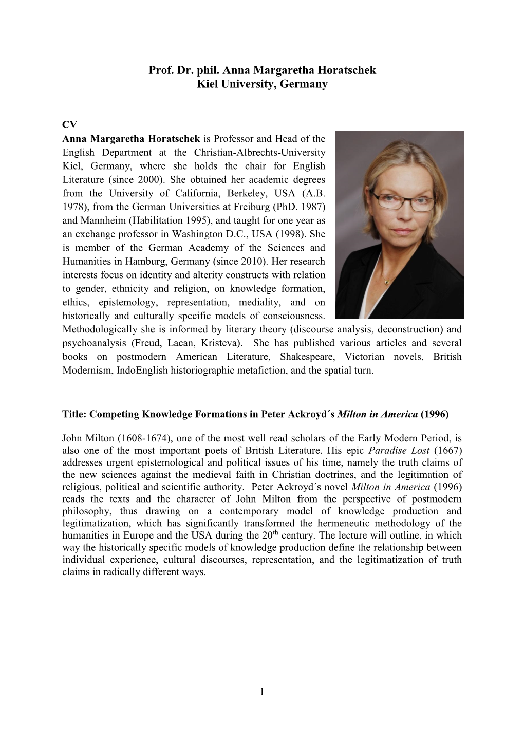 Prof. Dr. Phil. Anna Margaretha Horatschek Kiel University, Germany