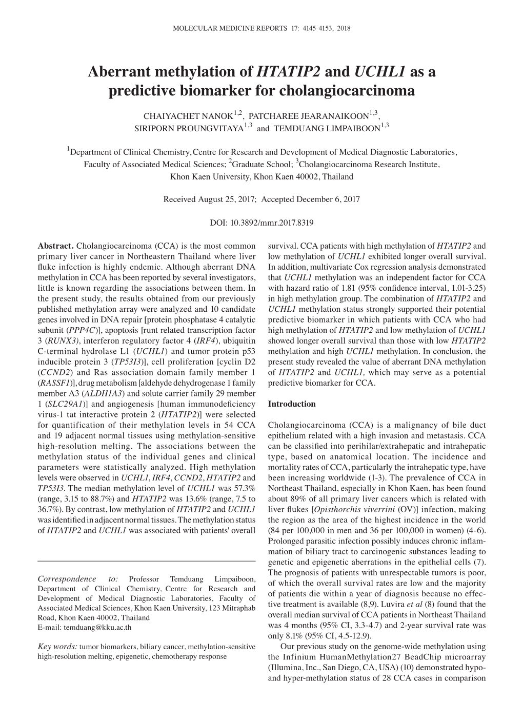 Aberrant Methylation of HTATIP2 and UCHL1 As a Predictive Biomarker for Cholangiocarcinoma