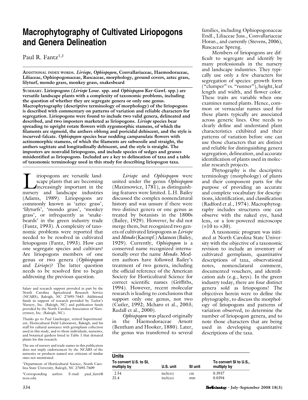 Macrophytography of Cultivated Liriopogons and Genera Delineation