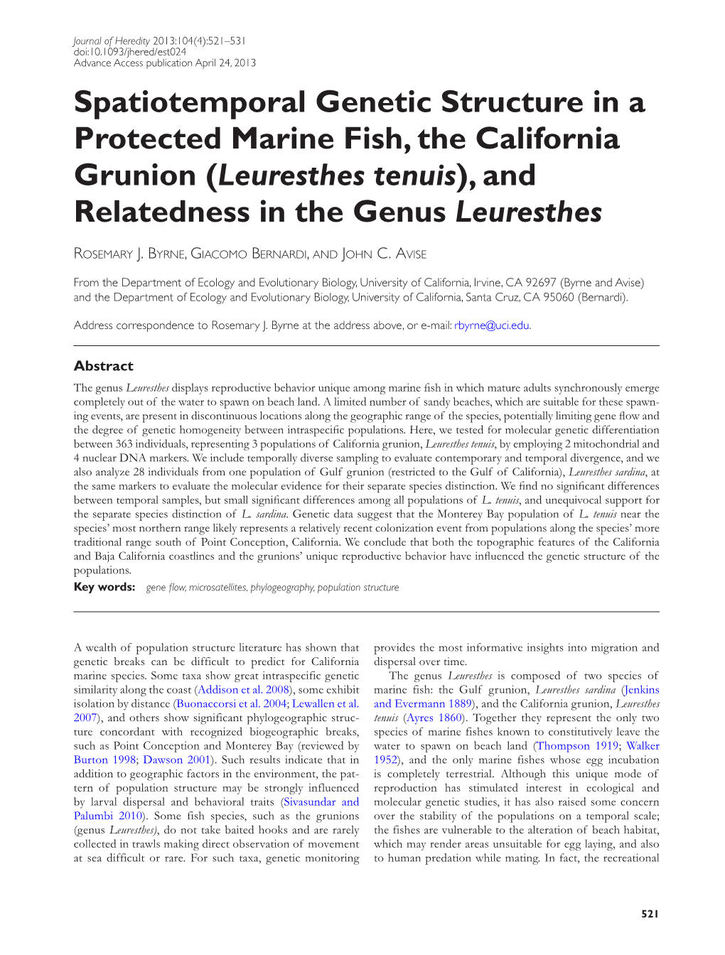 Spatiotemporal Genetic Structure in a Protected Marine Fish, the California Grunion (Leuresthes Tenuis), and Relatedness in the Genus Leuresthes