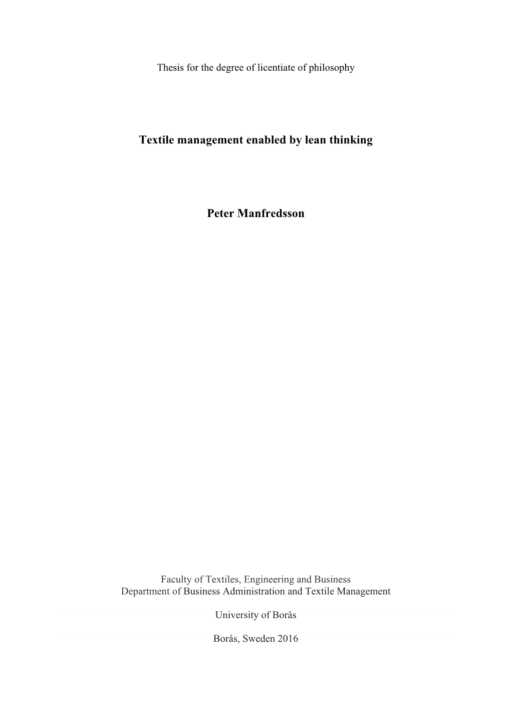 Textile Management Enabled by Lean Thinking Peter Manfredsson