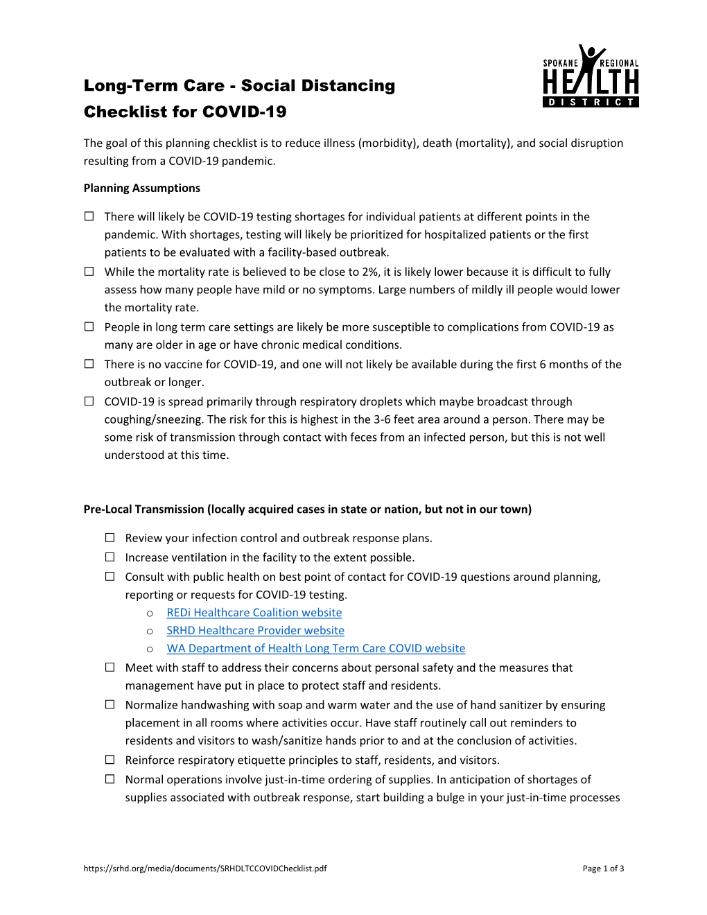 Long-Term Care - Social Distancing Checklist for COVID-19