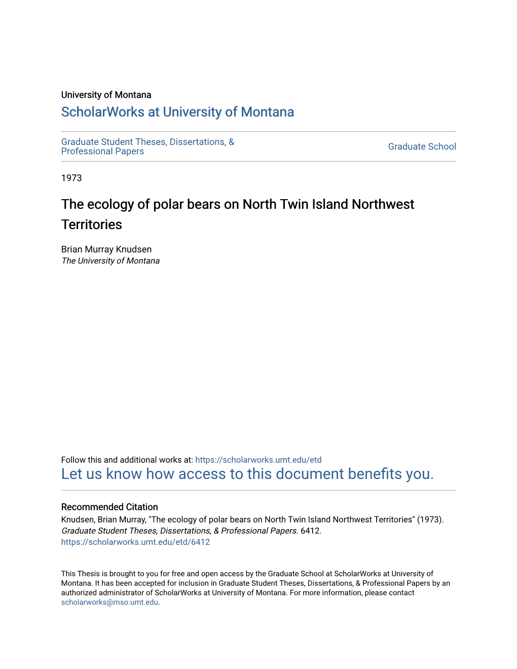 The Ecology of Polar Bears on North Twin Island Northwest Territories