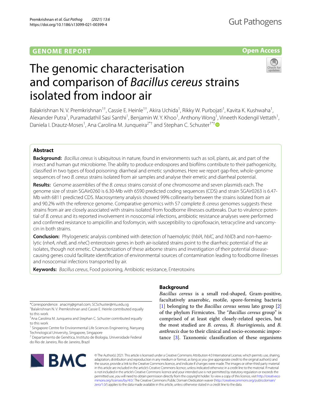 The Genomic Characterisation and Comparison of Bacillus Cereus Strains Isolated from Indoor Air Balakrishnan N