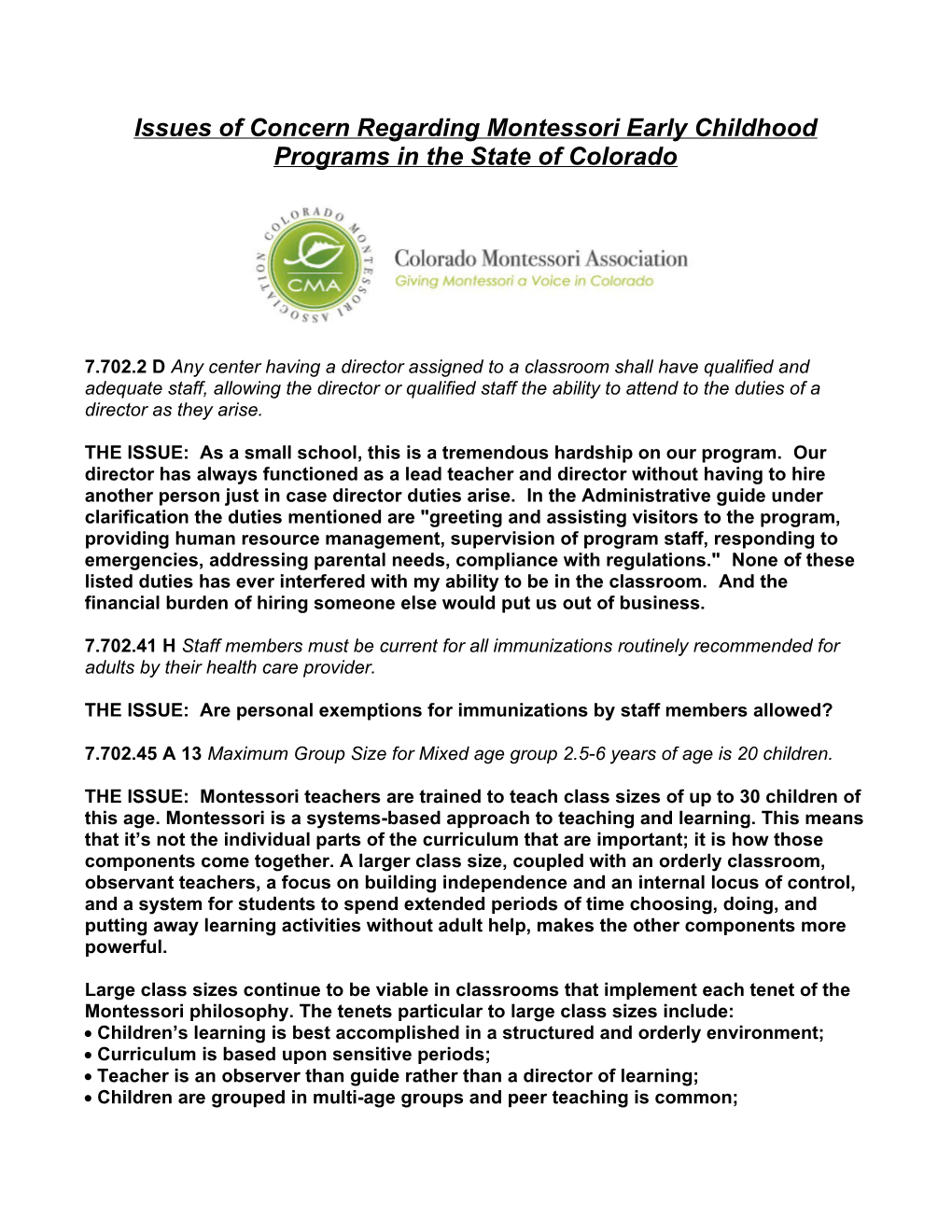 Issues of Concern Regarding Montessori Early Childhood Programs in the State of Colorado