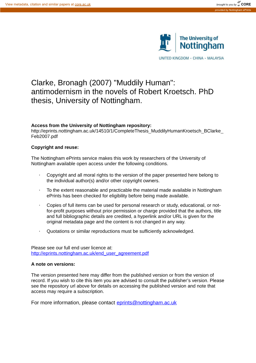 "Muddily Human": Antimodernism in the Novels of Robert Kroetsch. Phd Thesis, University of Nottingham