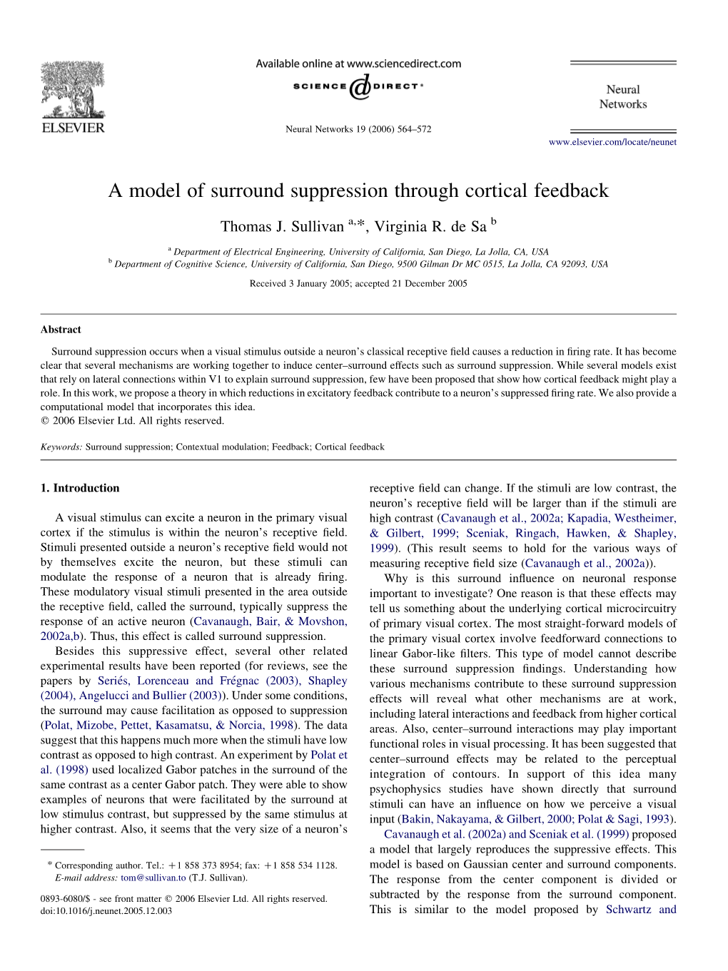 A Model of Surround Suppression Through Cortical Feedback