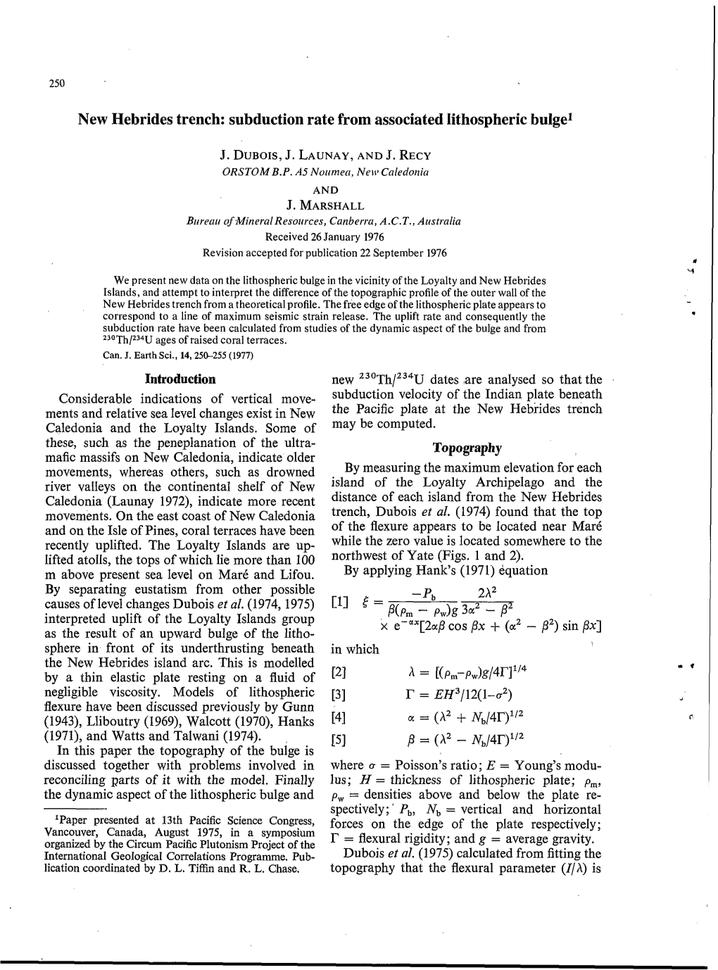 New Hebrides Trench: Subduction Rate from Associated Lithospheric Bulge1