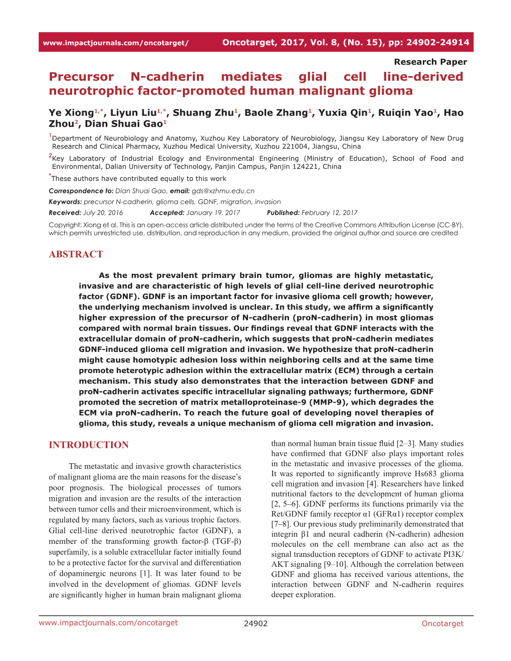 Precursor N-Cadherin Mediates Glial Cell Line-Derived Neurotrophic Factor-Promoted Human Malignant Glioma