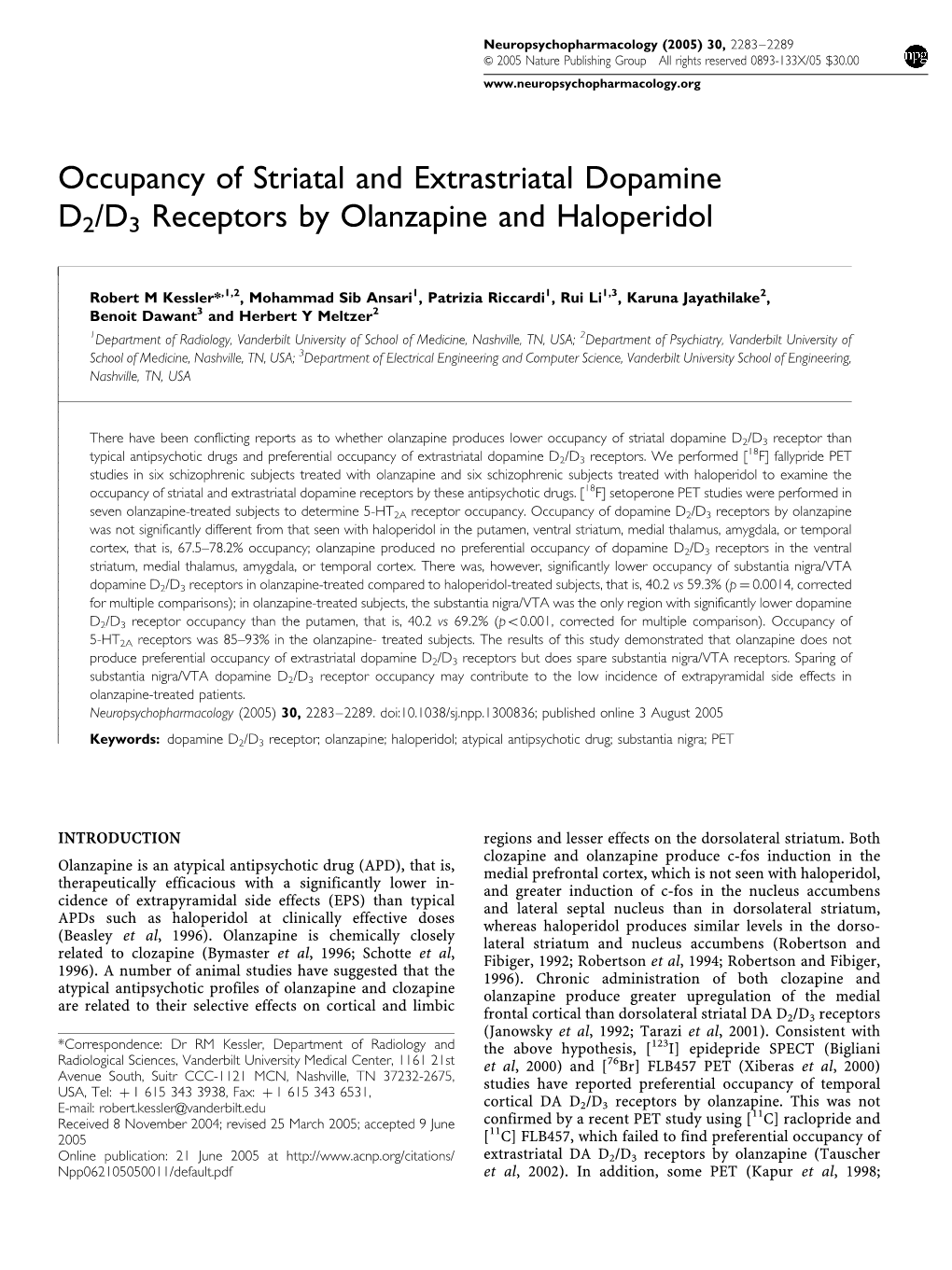 Occupancy of Striatal and Extrastriatal Dopamine D2/D3 Receptors by Olanzapine and Haloperidol