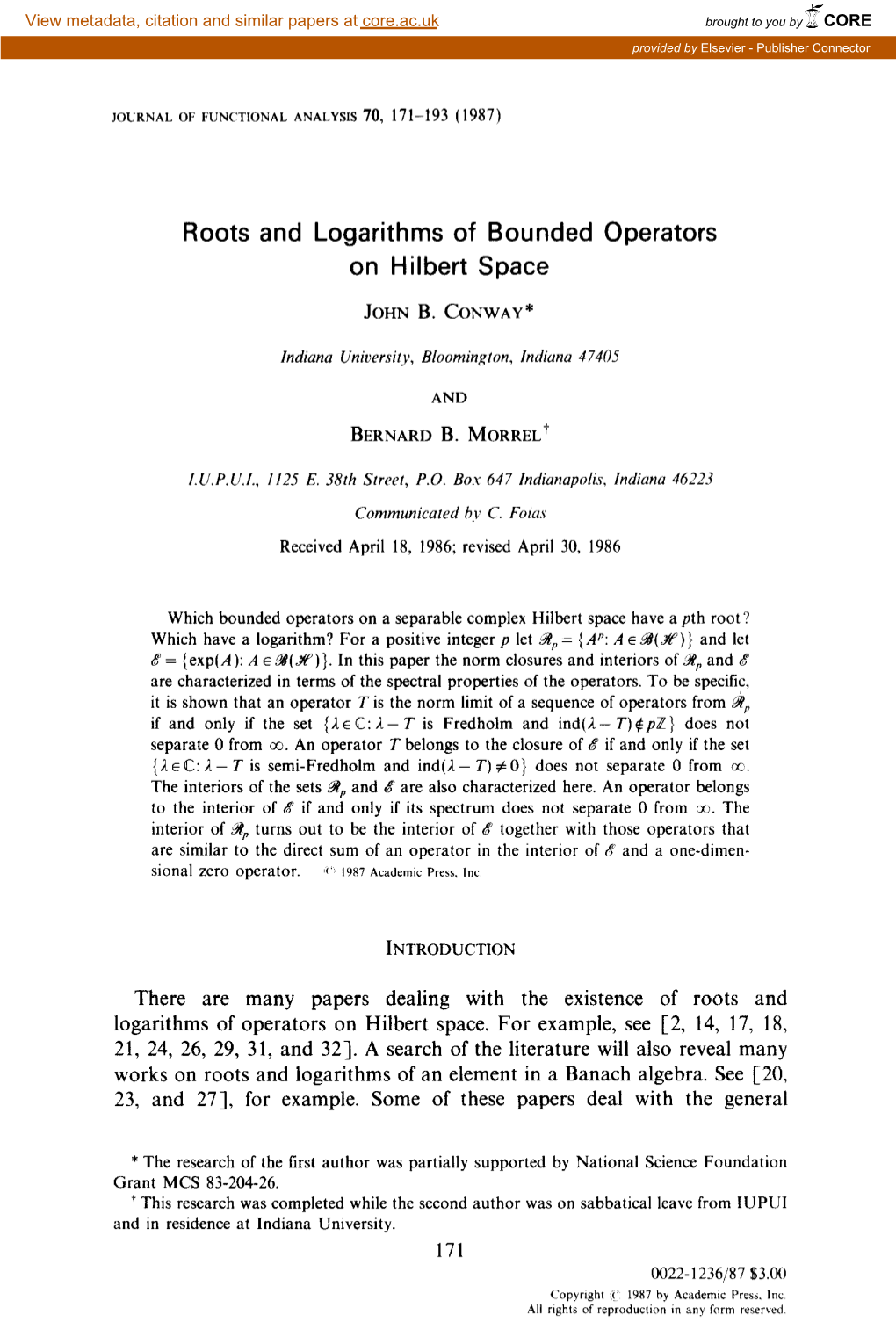Roots and Logarithms of Bounded Operators on Hilbert Space