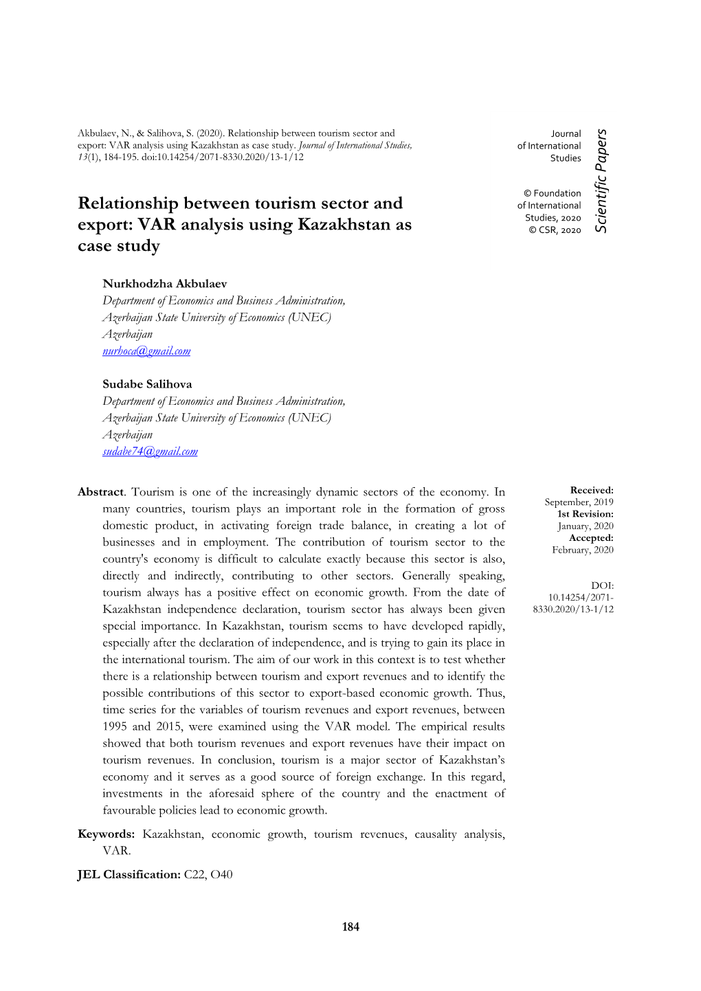 Relationship Between Tourism Sector and Export: VAR Analysis Using