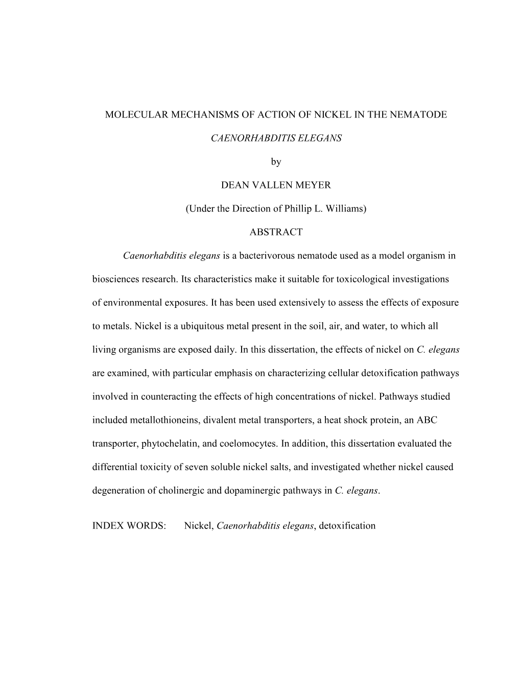 Molecular Mechanisms of Action of Nickel in the Nematode