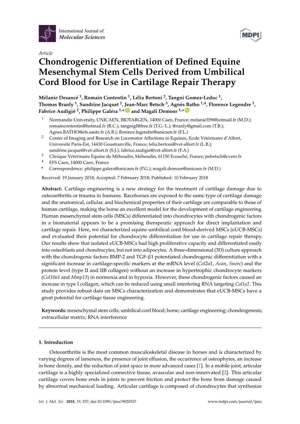 Chondrogenic Differentiation of Defined Equine Mesenchymal Stem Cells Derived from Umbilical Cord Blood for Use in Cartilage