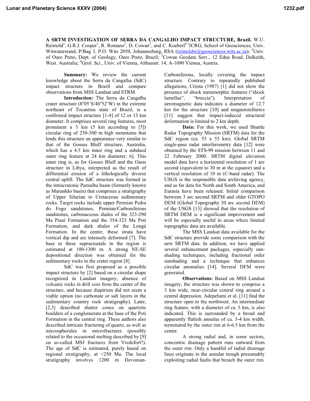 A SRTM INVESTIGATION of SERRA DA CANGALHO IMPACT STRUCTURE, Brazil