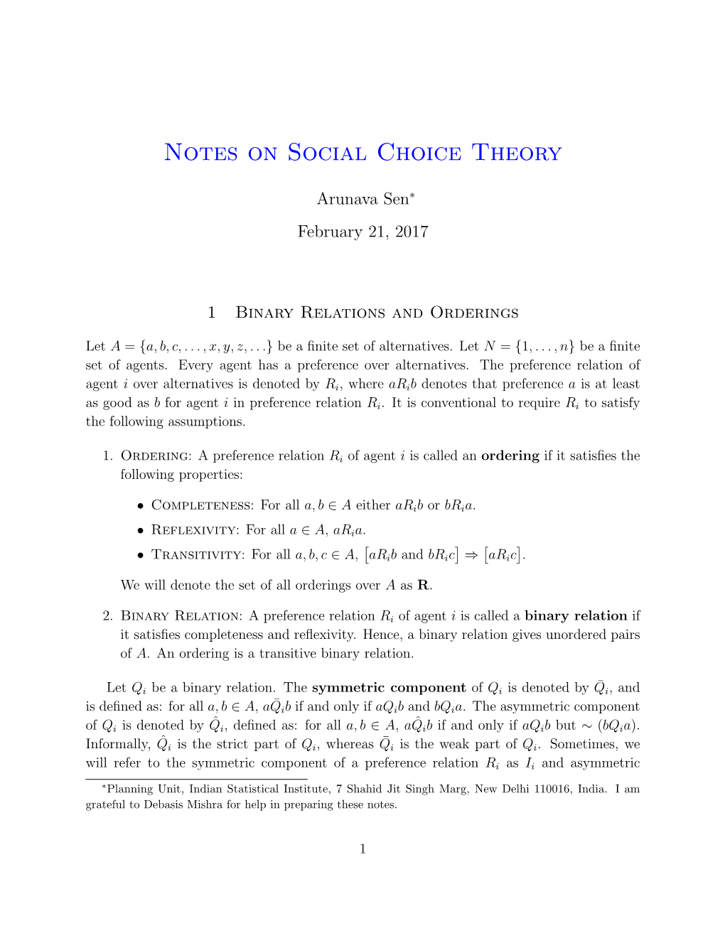 Notes on Social Choice Theory