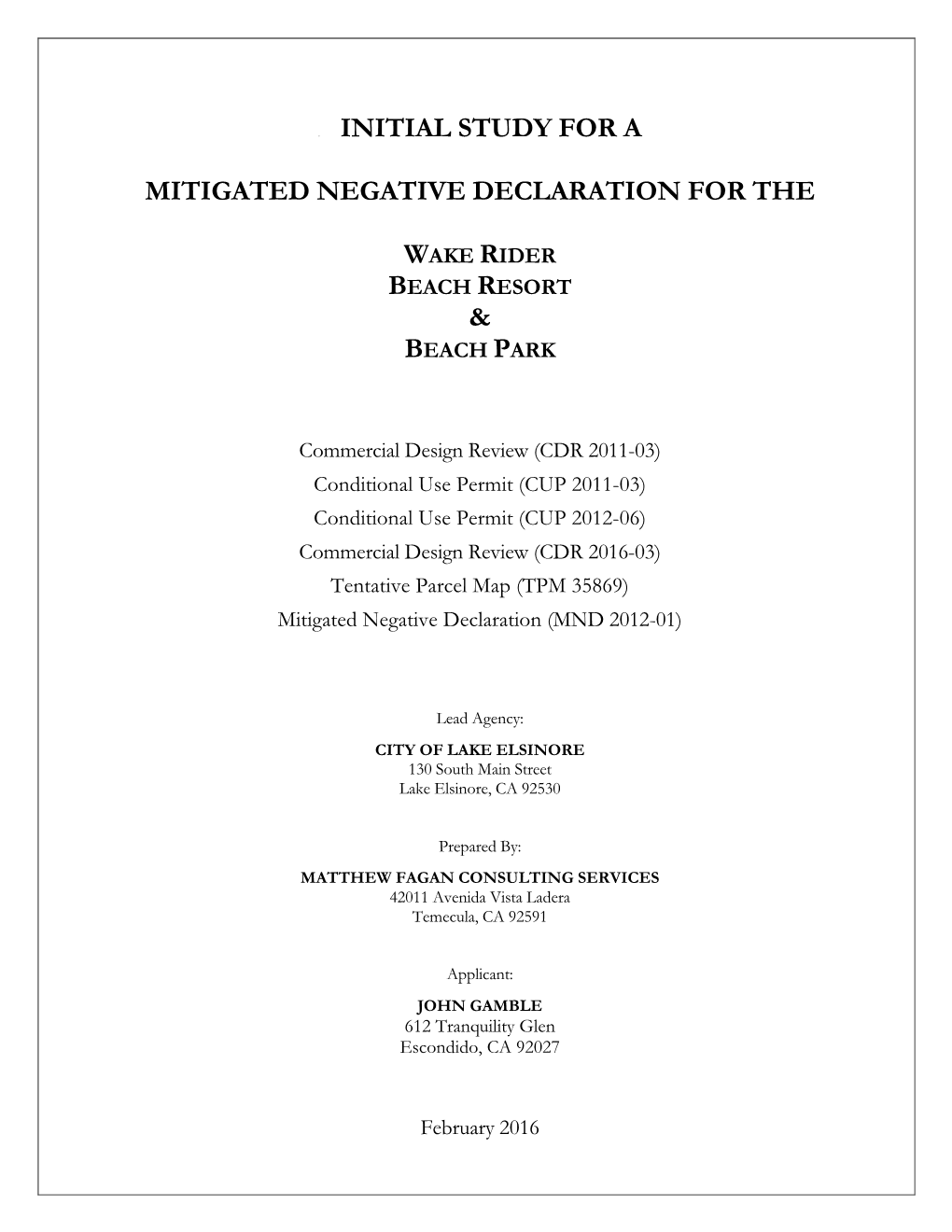 Initial Study for a Mitigated Negative Declaration For