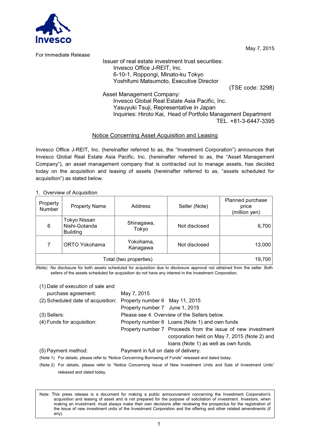 Notice Concerning Asset Acquisition and Leasing