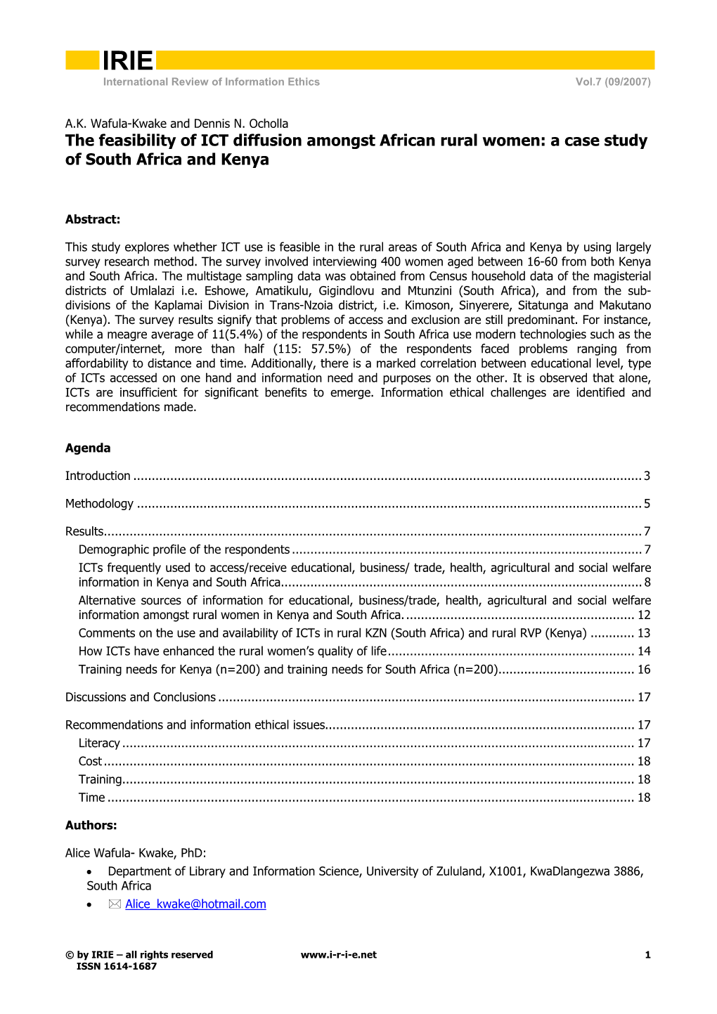 The Feasibility of ICT Diffusion Amongst African Rural Women: a Case Study of South Africa and Kenya