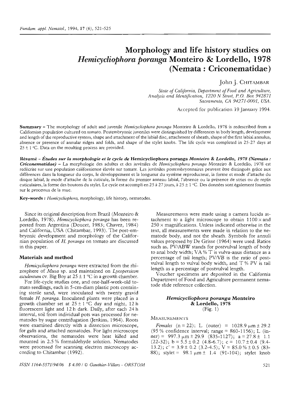 Morphology and Life History Studies on Hemicycliophora Poranga Monteira