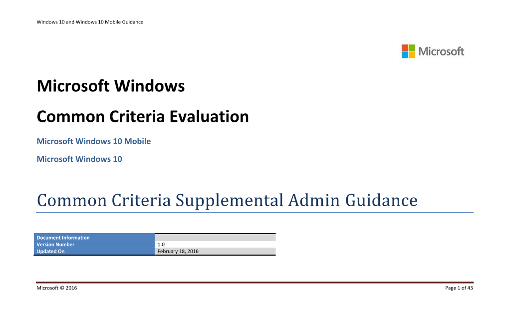 Microsoft Windows Common Criteria Evaluation Common Criteria Supplemental Admin Guidance