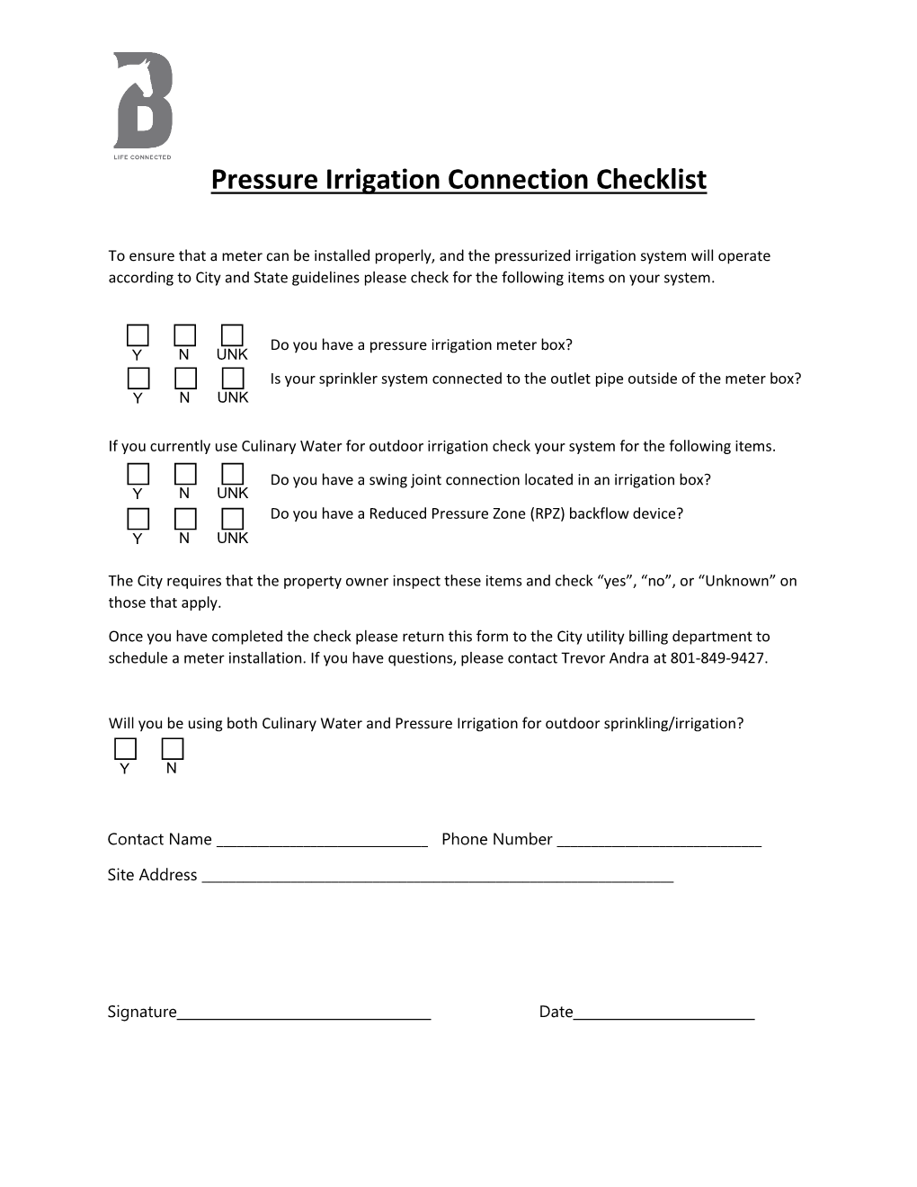 Pressure Irrigation Connection Checklist