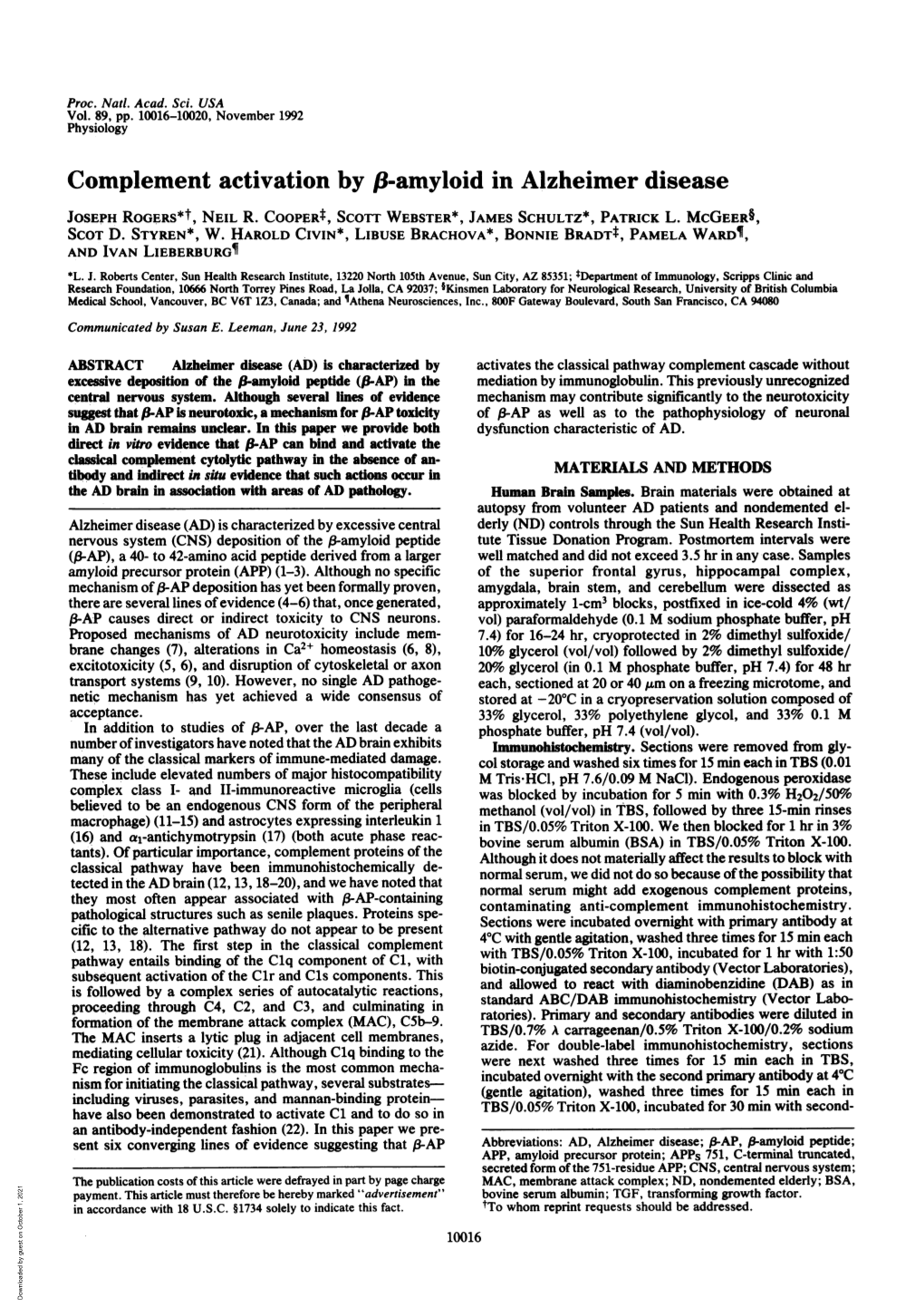 Complement Activation by F8-Amyloid in Alzheimer Disease JOSEPH ROGERS*T, NEIL R