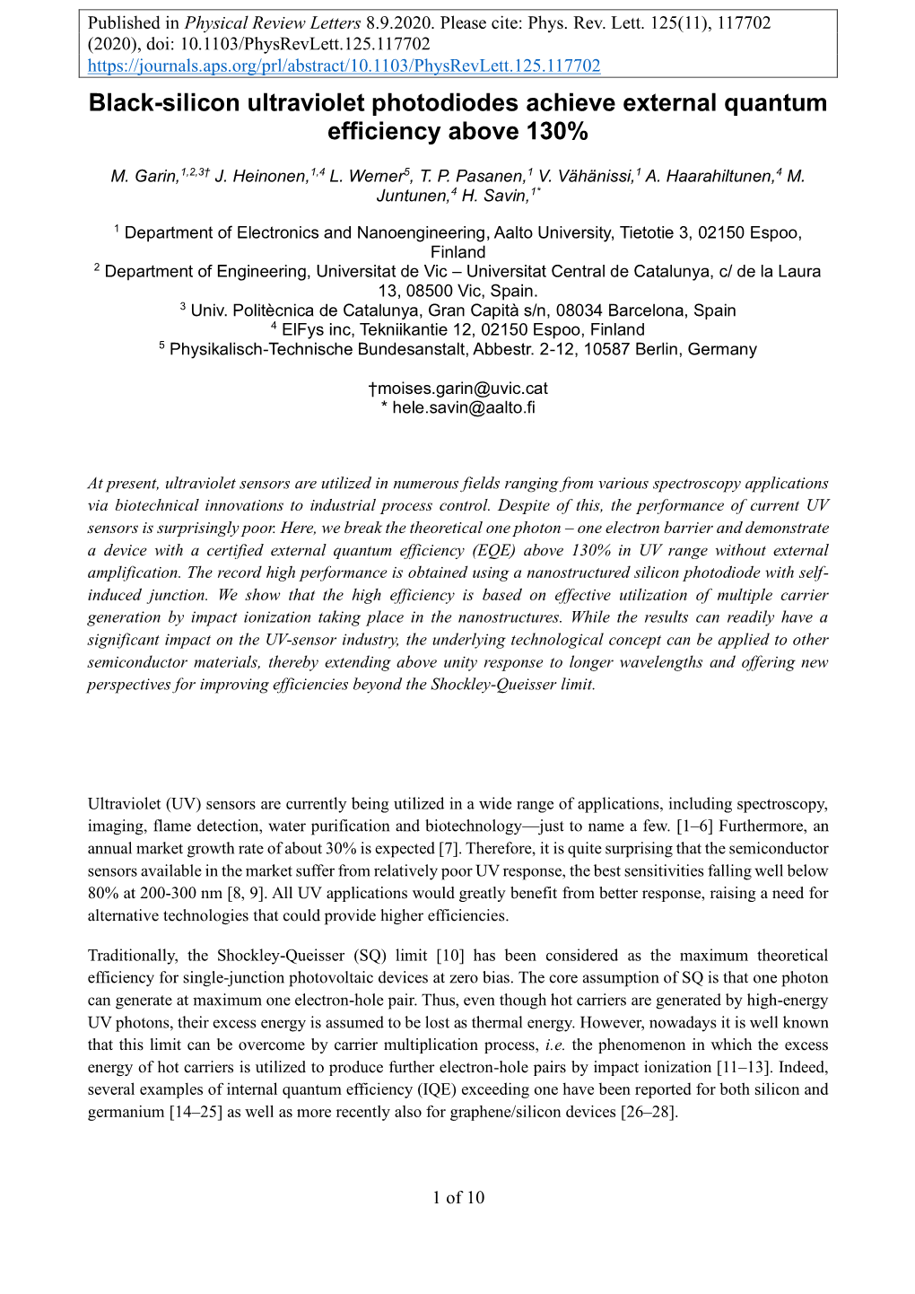 Black-Silicon Ultraviolet Photodiodes Achieve External Quantum Efficiency Above 130%