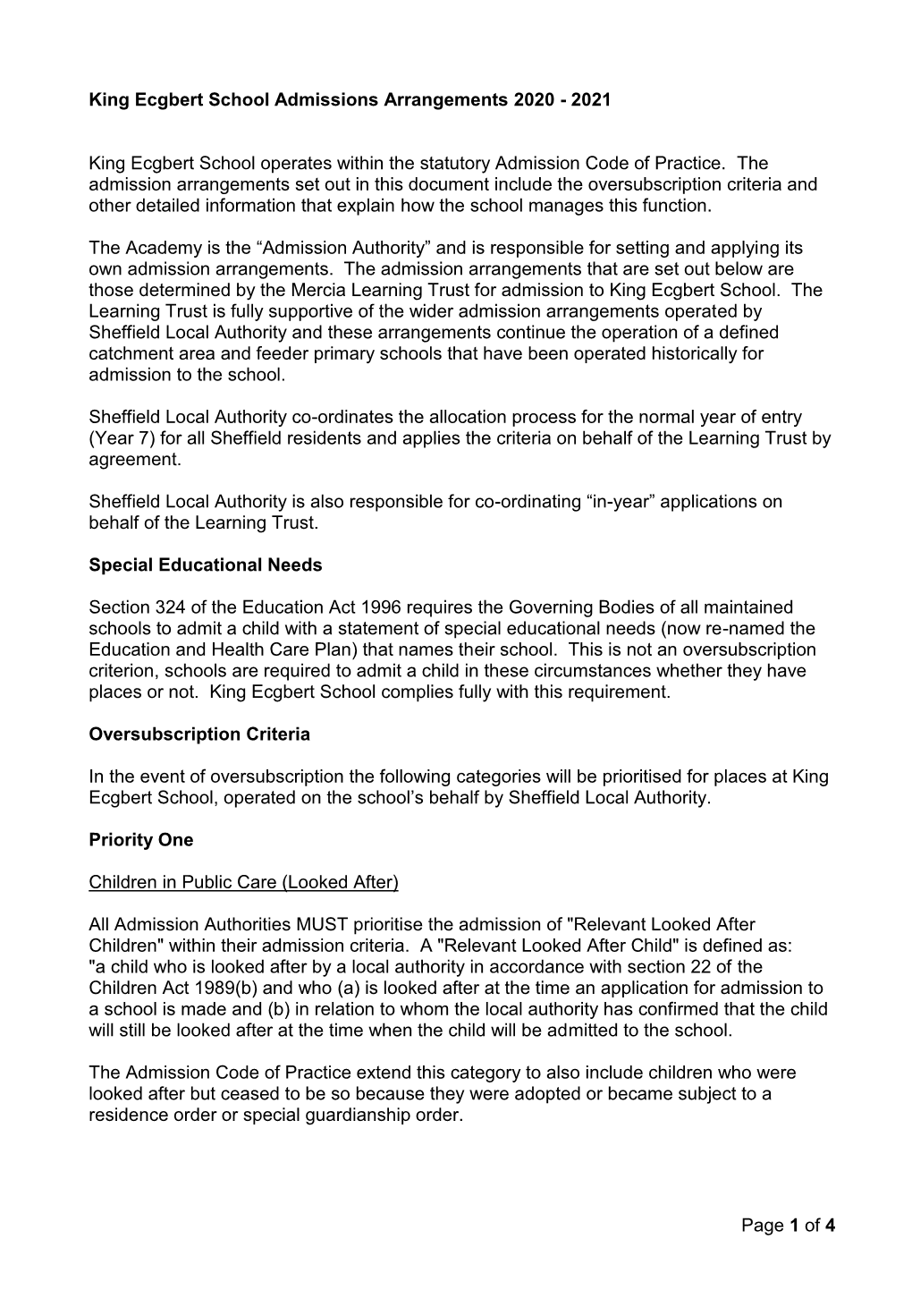 Page 1 of 4 King Ecgbert School Admissions Arrangements 2020