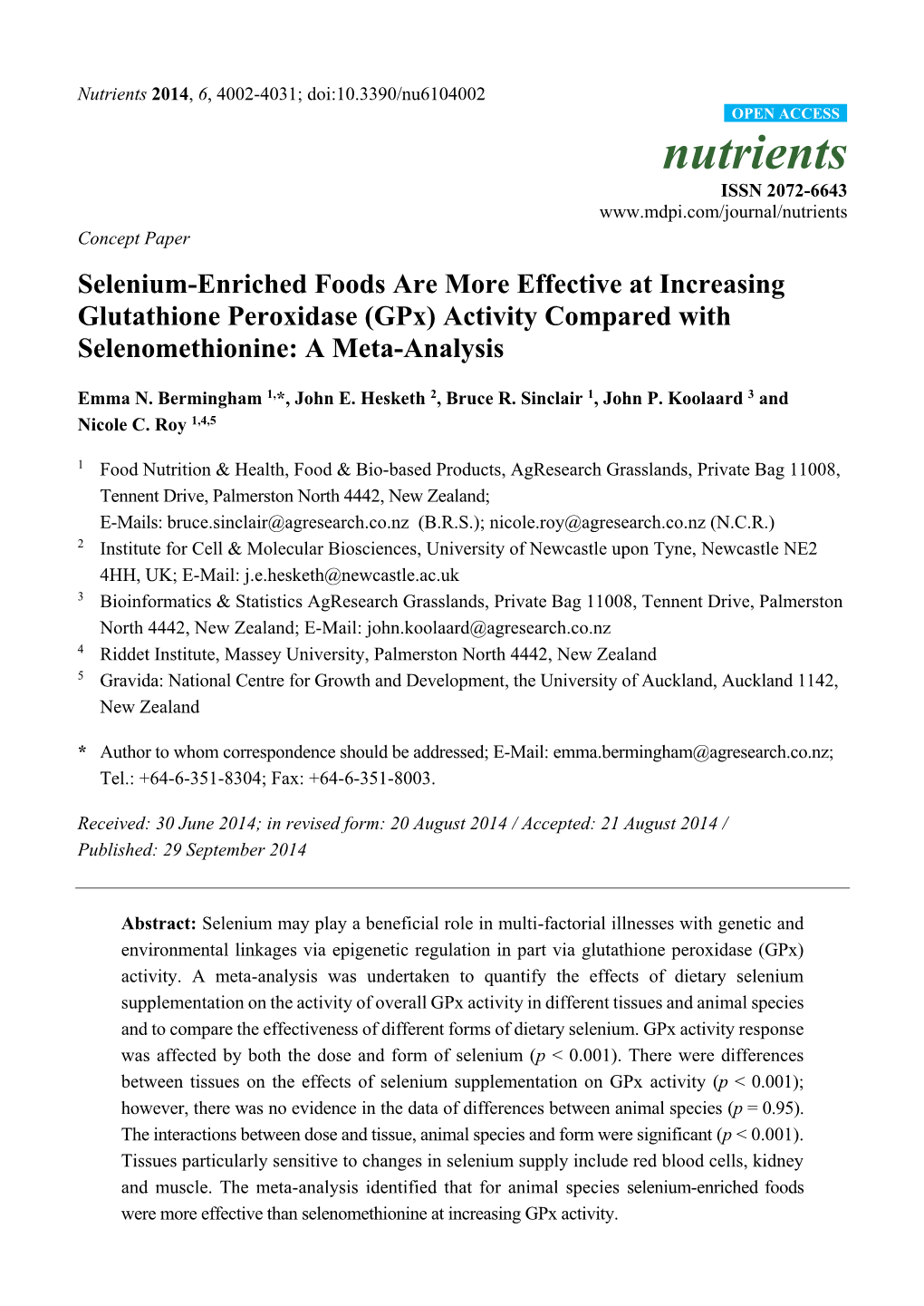 Gpx) Activity Compared with Selenomethionine: a Meta-Analysis